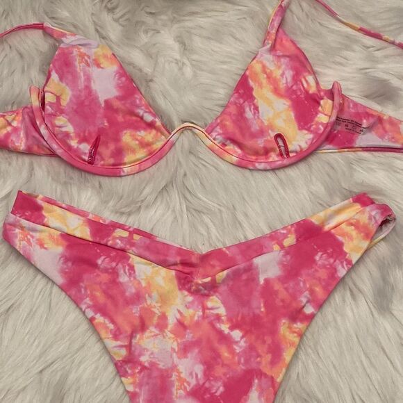 Pastel Barbie Pink Yellow Tie Dye Bikini Swimsuit Size XL - Picture 5 of 7